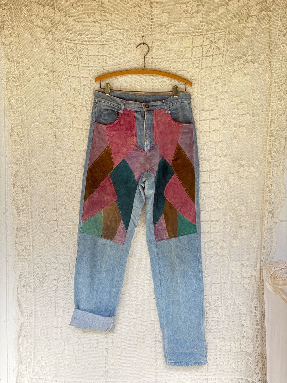 Vintage 80s Patchwork Denim Jeans High Rise Straight 15 in waist
